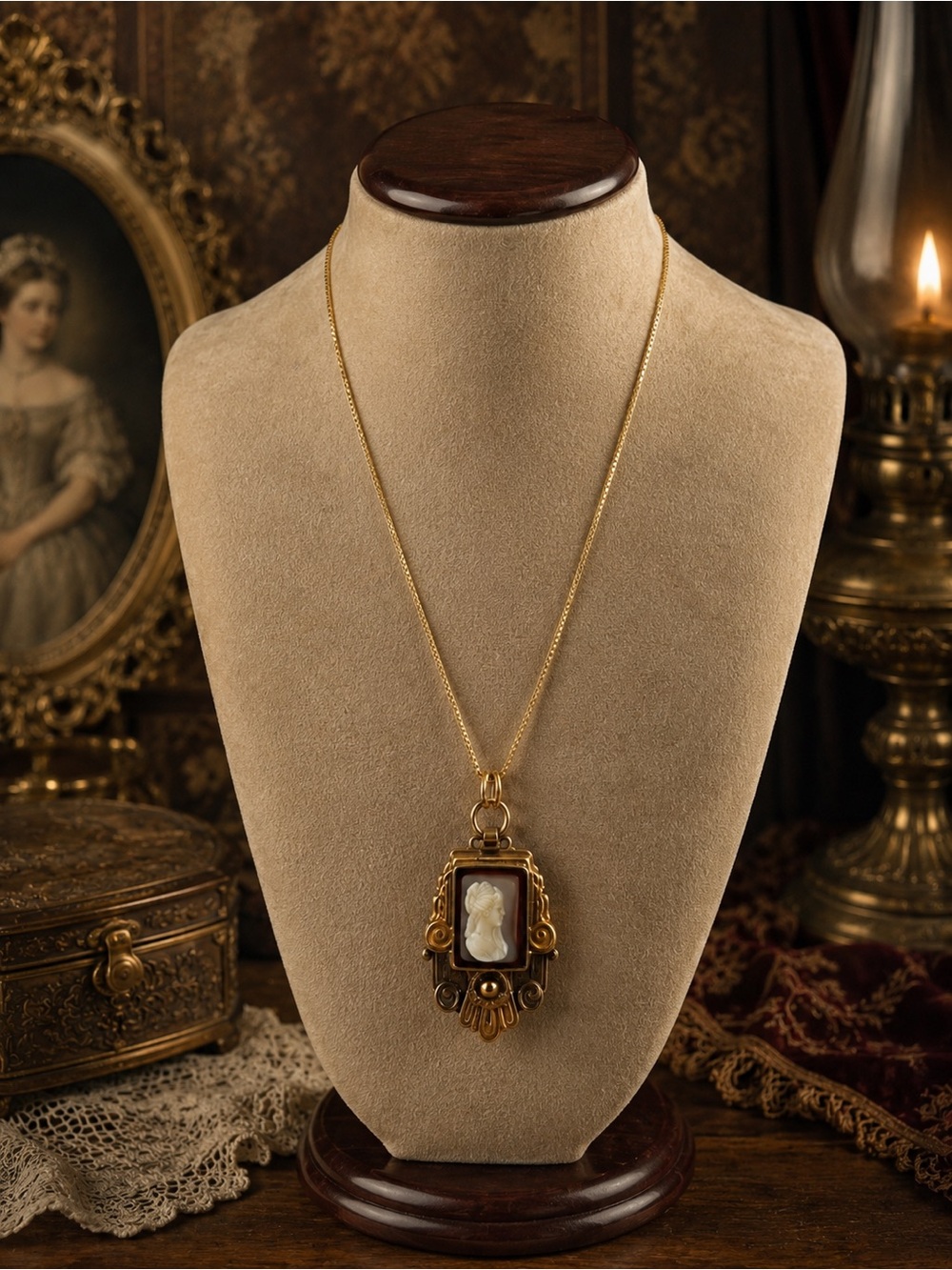 Victorian Cameo Hard stone Carved Pendant Necklace on 925Vermil